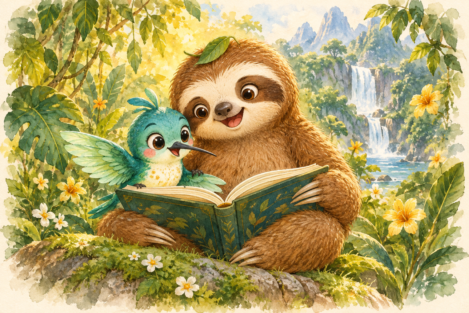 Zip and Mellow reading together in a sunlit jungle clearing