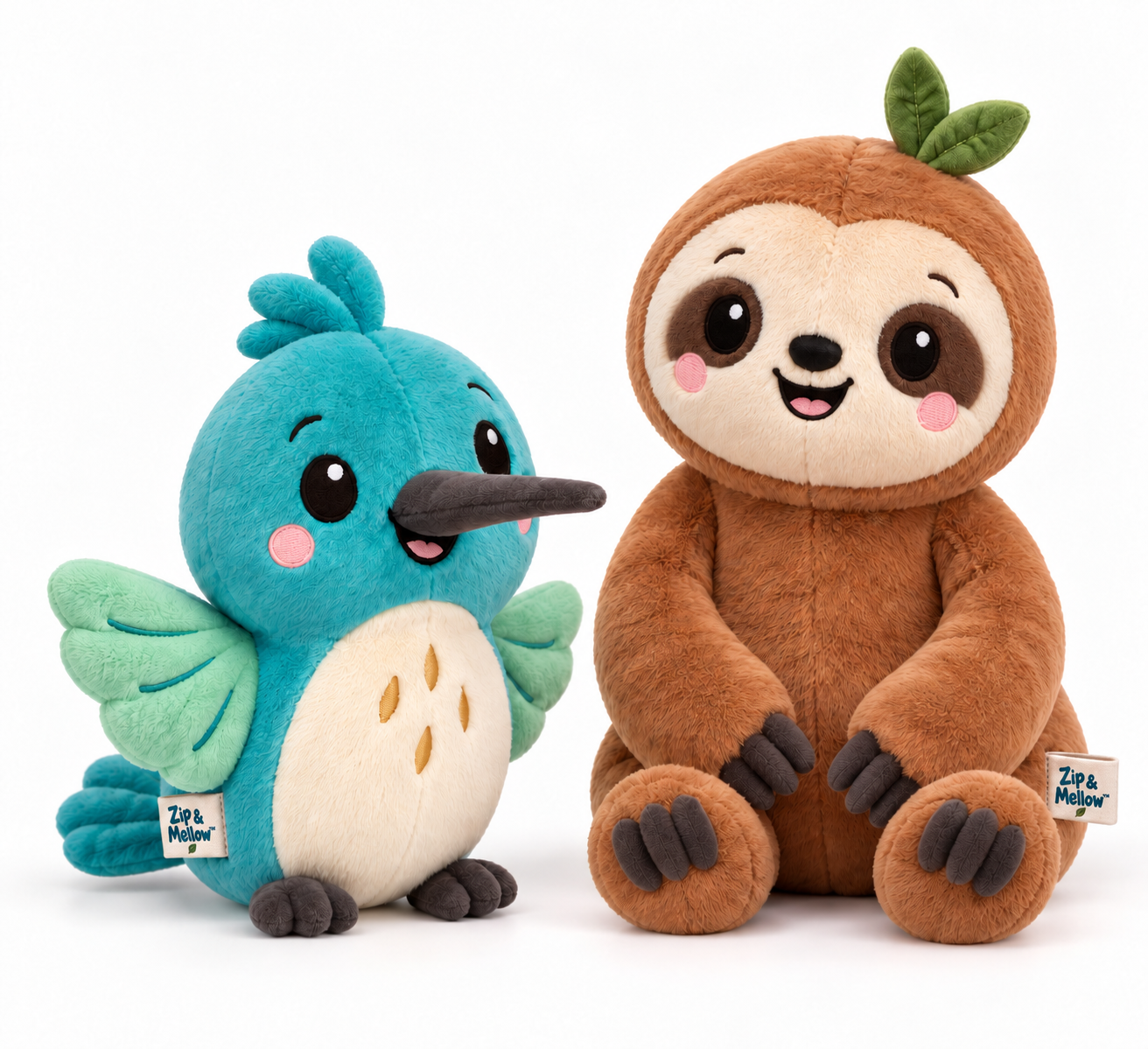 Zip and Mellow plush toys with their sewn-in brand labels